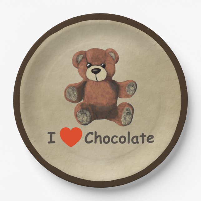 Cute I Heart (Love) Chocolate Teddy Bear Paper Plates (Front)