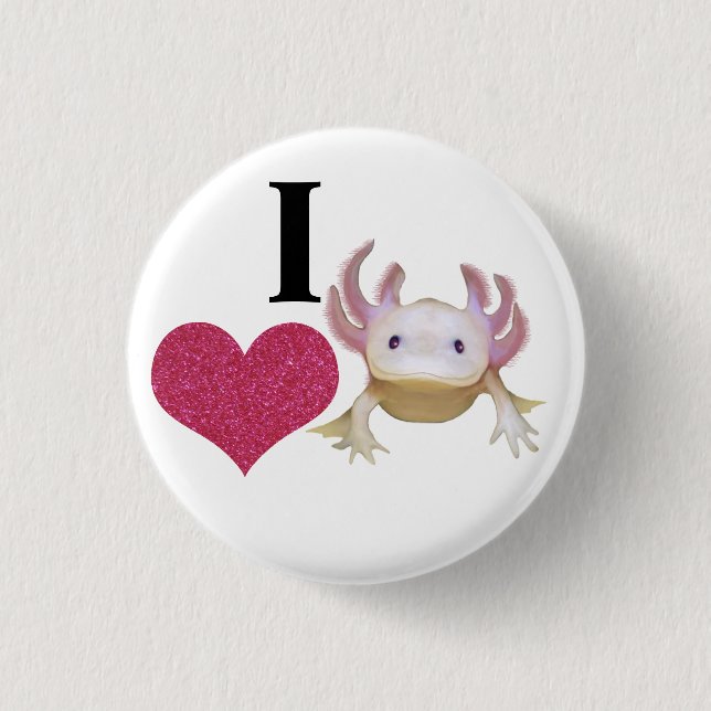 Cute I Love Axolotl Sparkle Heart Button (Front)