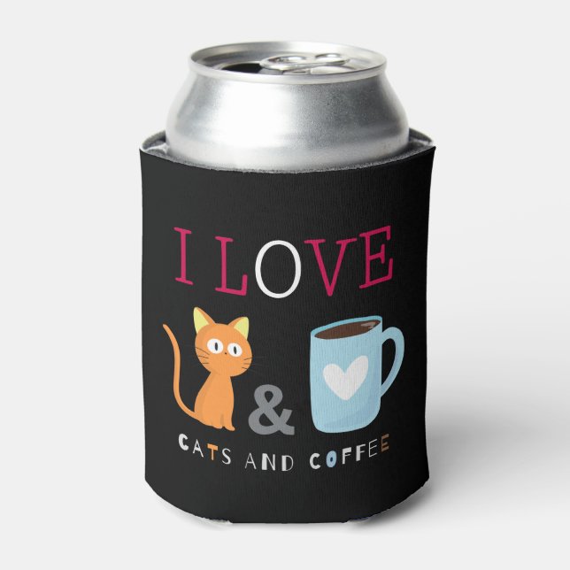  Cute I Love Cats and Coffee Black Can Cooler (Can Front)