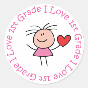 Cute I Love First Grade Classic Round Sticker