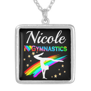 CUTE I LOVE GYMNASTICS PERSONALIZED DESIGN SILVER PLATED NECKLACE
