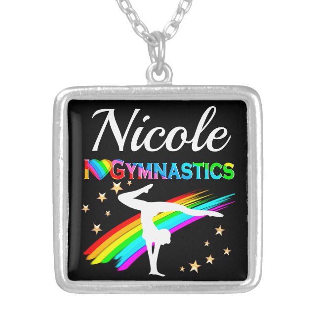 CUTE I LOVE GYMNASTICS PERSONALIZED DESIGN SILVER PLATED NECKLACE (Front)