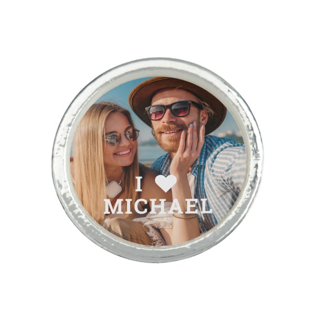 Cute I Love Heart Photo Couples Personalized Name Ring (Front)