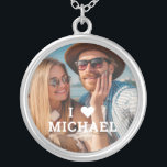 Cute I Love Heart Photo Couples Personalized Name Silver Plated Necklace<br><div class="desc">Cute I Love Heart Photo Couples Personalized Name Necklace features your favorite photo with the text "I (love heart) add name" in modern white script. Personalize by editing the text in the text box provided and adding your own picture. Perfect gifts for couples, girlfriend, wife, sweetheart and more for birthday,...</div>