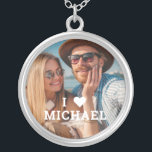Cute I Love Heart Photo Couples Personalized Name Silver Plated Necklace<br><div class="desc">Cute I Love Heart Photo Couples Personalized Name Necklace features your favorite photo with the text "I (love heart) add name" in modern white script. Personalize by editing the text in the text box provided and adding your own picture. Perfect gifts for couples, girlfriend, wife, sweetheart and more for birthday,...</div>