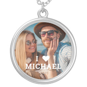 Cute I Love Heart Photo Couples Personalized Name Silver Plated Necklace