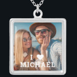 Cute I Love Heart Photo Couples Personalized Name Silver Plated Necklace<br><div class="desc">Cute I Love Heart Photo Couples Personalized Name Necklace features your favorite photo with the text "I (love heart) add name" in modern white script. Personalize by editing the text in the text box provided and adding your own picture. Perfect gifts for couples, girlfriend, wife, sweetheart and more for birthday,...</div>
