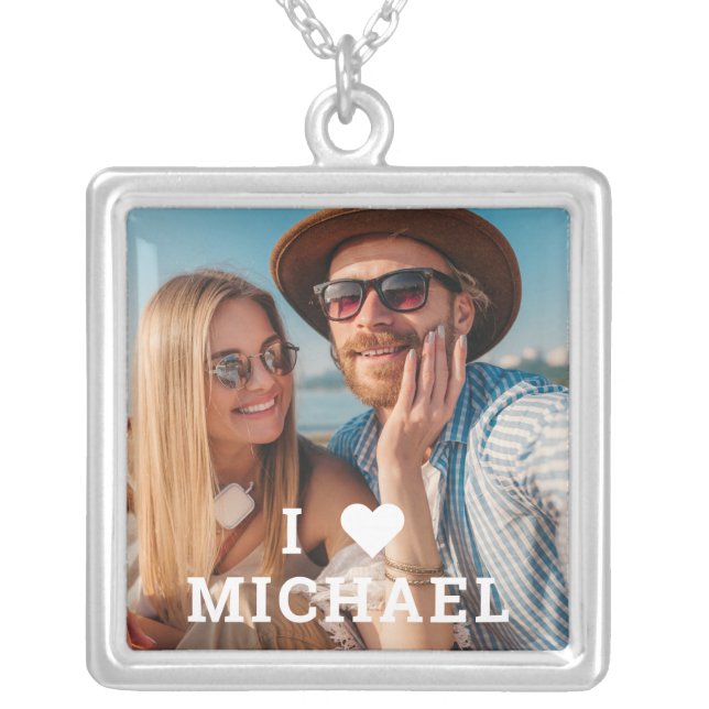 Cute I Love Heart Photo Couples Personalized Name Silver Plated Necklace (Front)