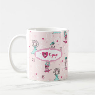 Cute I Love K-pop Girls Teal Pink Heart Coffee Mug