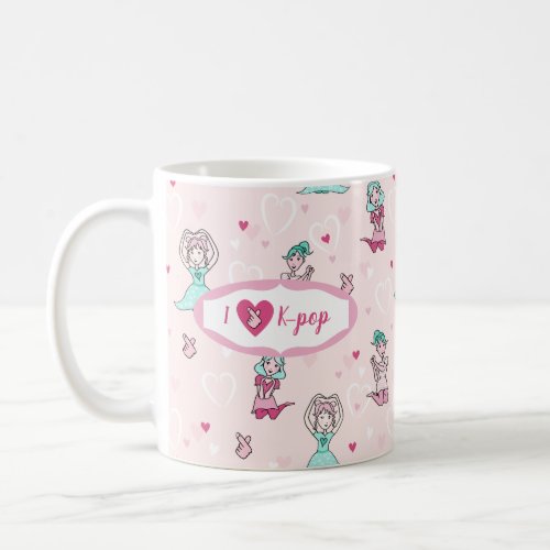 Cute I Love K_pop Girls Teal Pink Heart Coffee Mug