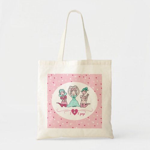 Cute I Love K_pop Girls Teal Pink Heart Tote Bag