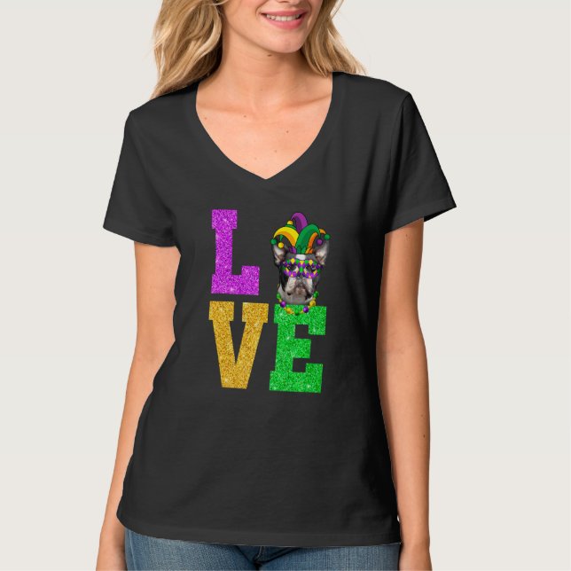 Cute I Love Mardi Gras Boston Terrier Dog Puppy T-Shirt (Front)