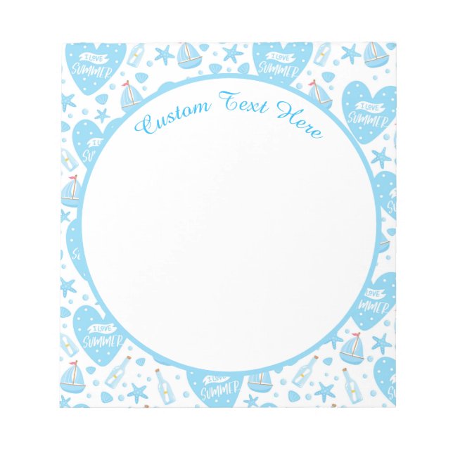 Cute I Love Summer Blue Heart Sail Boat Starfish Notepad (Front)