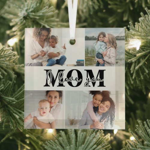 Cute I LOVE YOU MOM Mothers Day Photo Glass Ornament