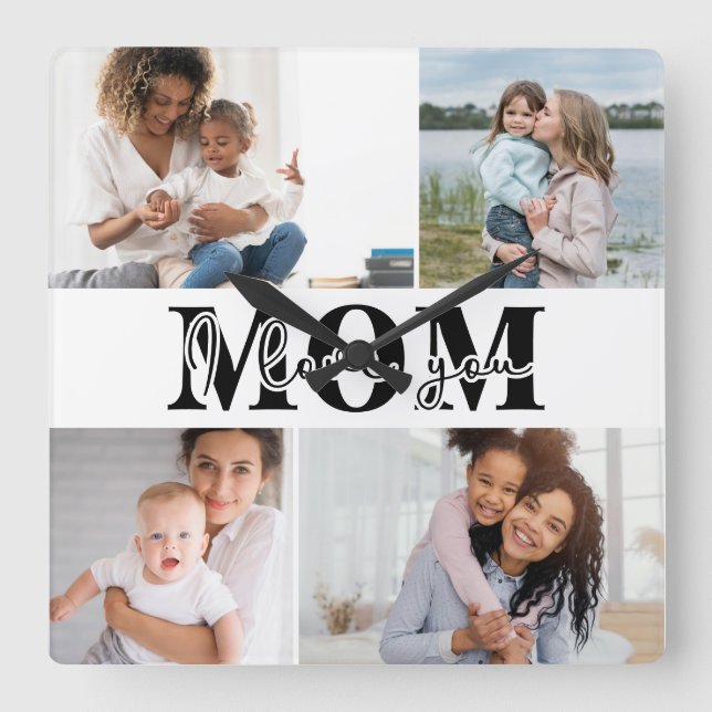 Cute I LOVE YOU MOM Mother's Day Photo Square Wall Clock (Front)