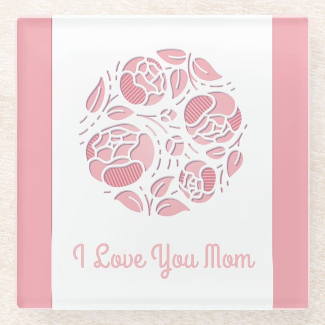 Cute I Love You Mom Pink White Mother's Day Glass Coaster (Front)