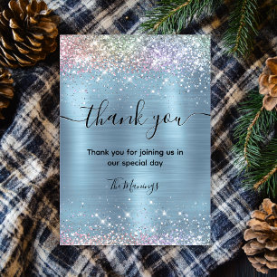 Cute Ice Blue Iridescent Faux Glitter Thank You Card