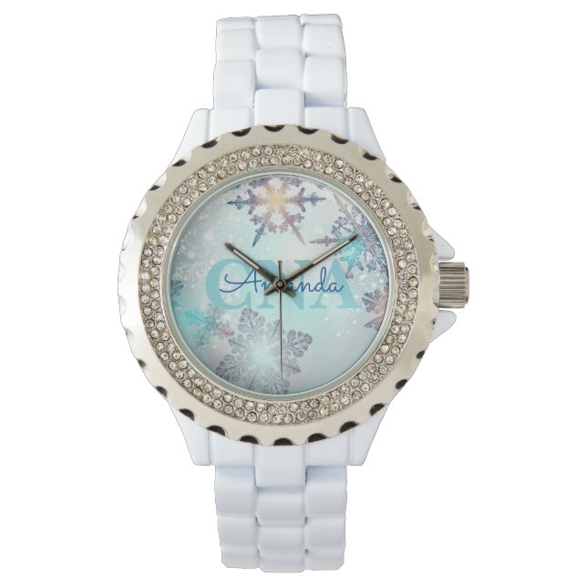 Cute Ice Blue Snowflake Personalized Name CNA  Watch (Front)