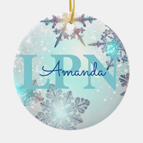 Cute Ice Blue Snowflake Personalized Name LPN  Ceramic Ornament