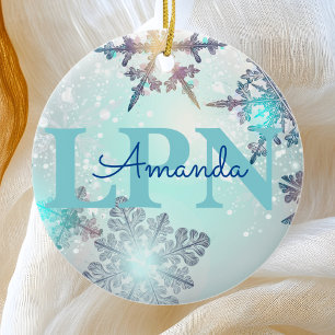 Cute Ice Blue Snowflake Personalized Name LPN  Ceramic Ornament