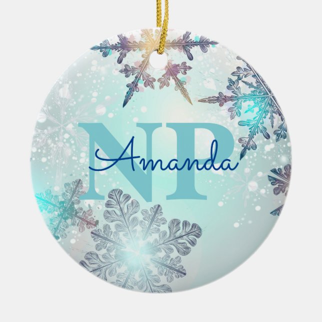 Cute Ice Blue Snowflake Personalized Name NP Nurse Ceramic Ornament (Front)