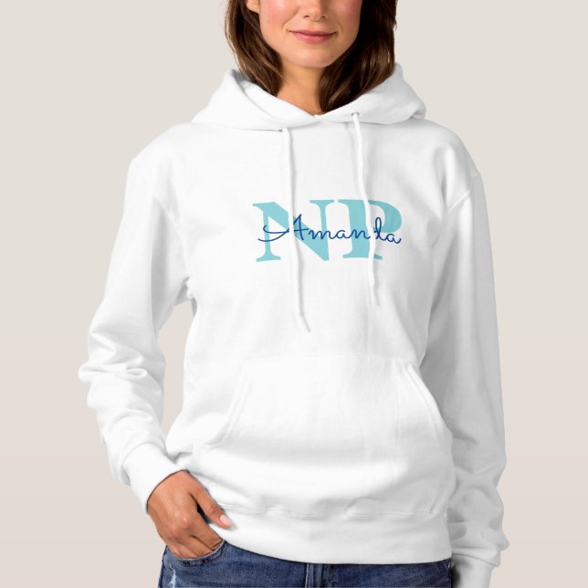 Cute Ice Blue Snowflake Personalized Name NP Nurse Hoodie (Front)