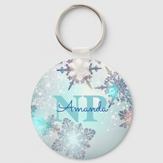 Cute Ice Blue Snowflake Personalized Name NP Nurse Keychain (Front)