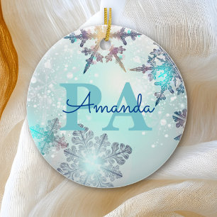 Cute Ice Blue Snowflake Personalized Name PA Ceramic Ornament