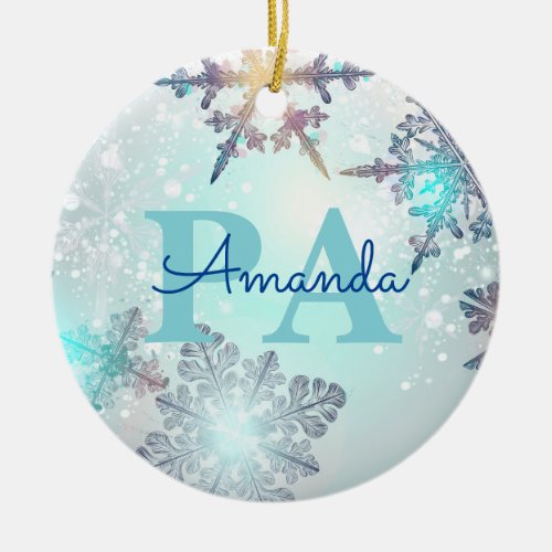 Cute Ice Blue Snowflake Personalized Name PA Ceramic Ornament