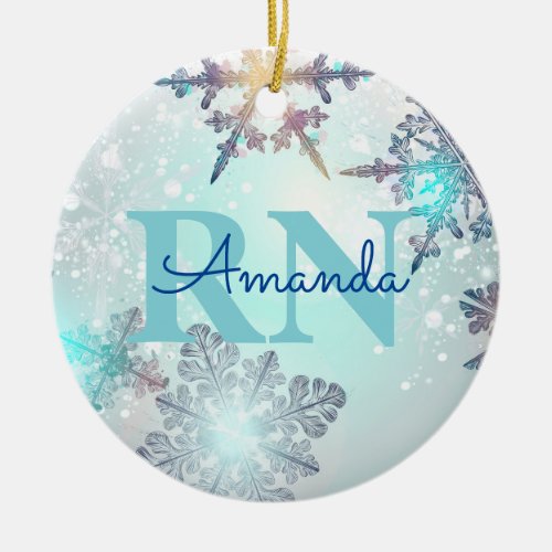 Cute Ice Blue Snowflake Personalized Name RN Nurse Ceramic Ornament