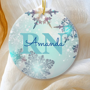 Cute Ice Blue Snowflake Personalized Name RN Nurse Ceramic Ornament
