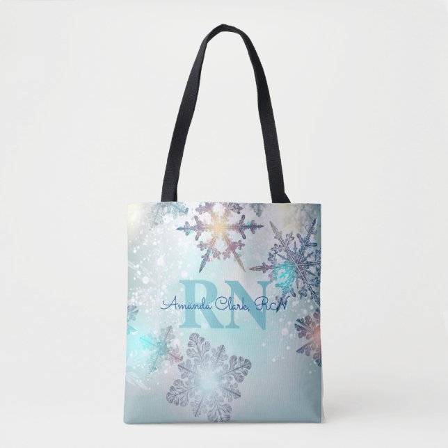 Cute Ice Blue Snowflake Personalized Name RN Nurse Tote Bag (Front)