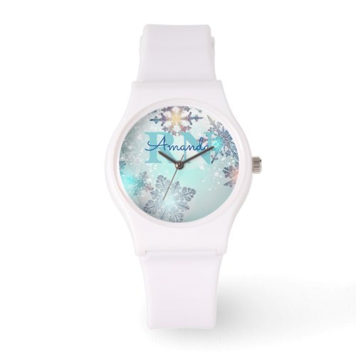 Cute Ice Blue Snowflake Personalized Name RN Watch