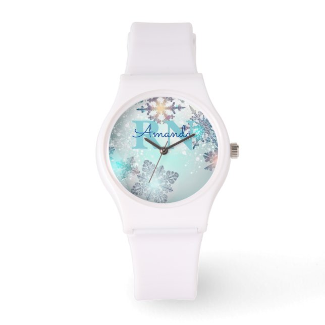 Cute Ice Blue Snowflake Personalized Name RN Watch (Front)