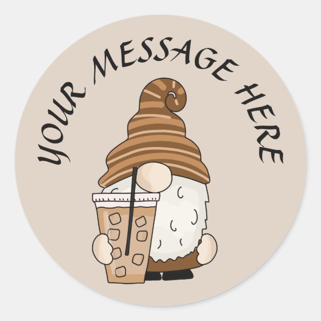Cute ice coffee gnome add message classic round sticker (Front)