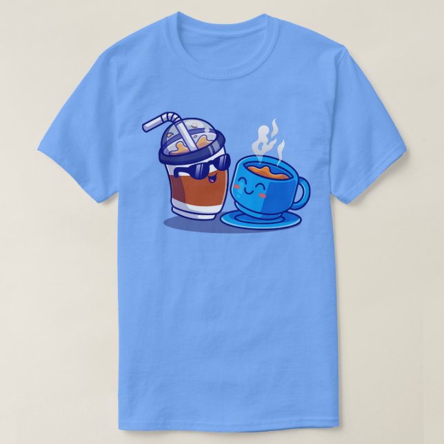 Cute Ice Coffee With Hot Coffee Cartoon T-Shirt (Design Front)