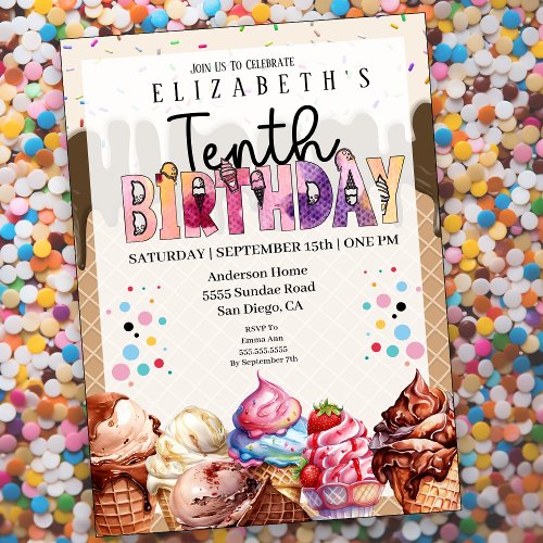 Cute Ice Cream 10th Birthday Invitation