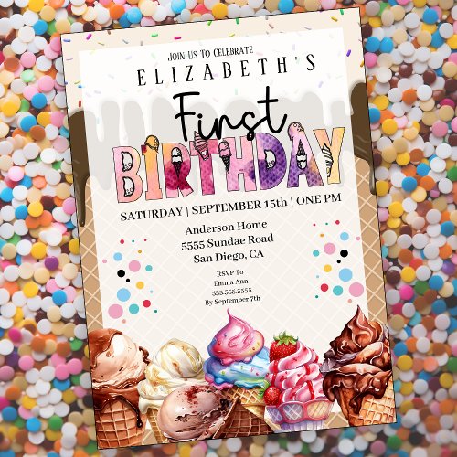 Cute Ice Cream 1st Birthday Invitation