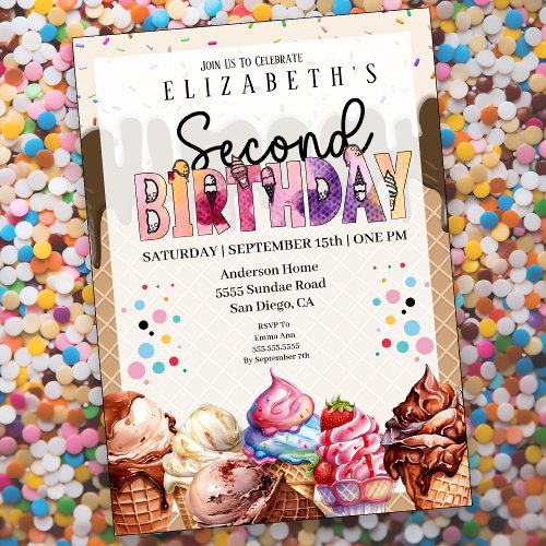 Cute Ice Cream 2nd Birthday Invitation