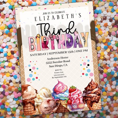 Cute Ice Cream 3rd Birthday Invitation