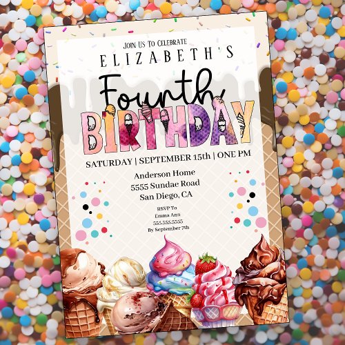 Cute Ice Cream 4th Birthday Invitation