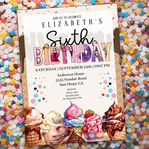 Cute Ice Cream 6th Birthday Invitation