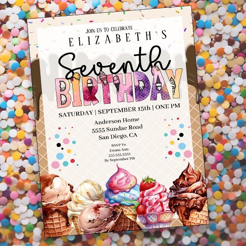 Cute Ice Cream 7th Birthday Invitation