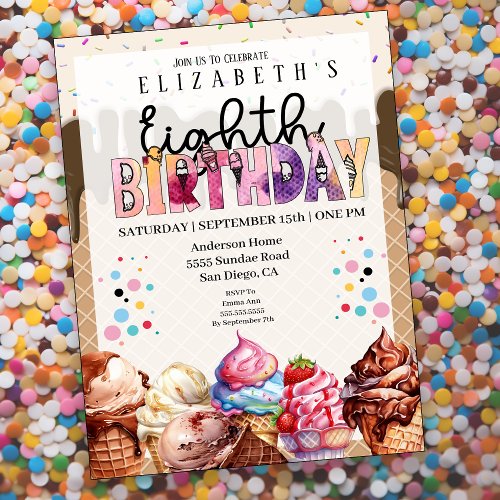 Cute Ice Cream 8th Birthday Invitation