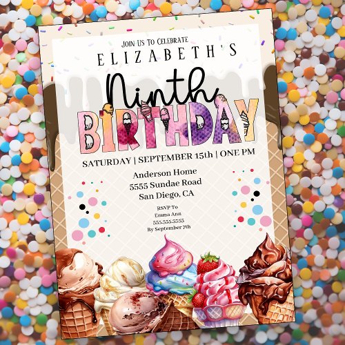Cute Ice Cream 9th Birthday Invitation