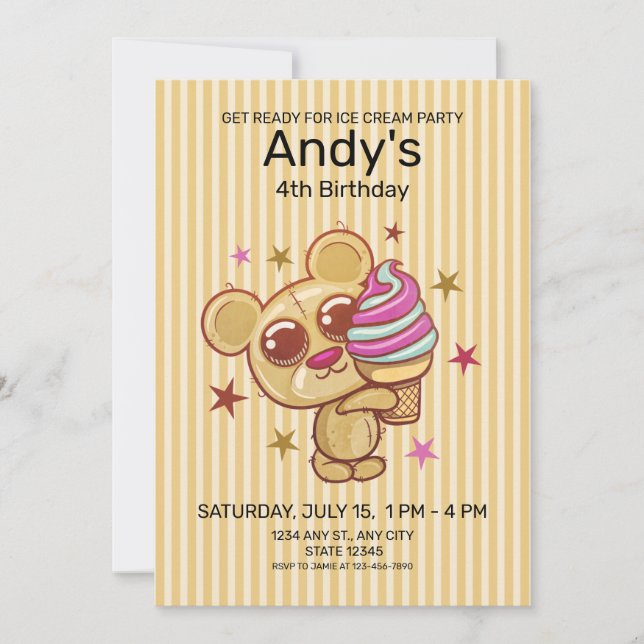 Cute Ice Cream Bear 4th Kids Birthday Invitation (Front)