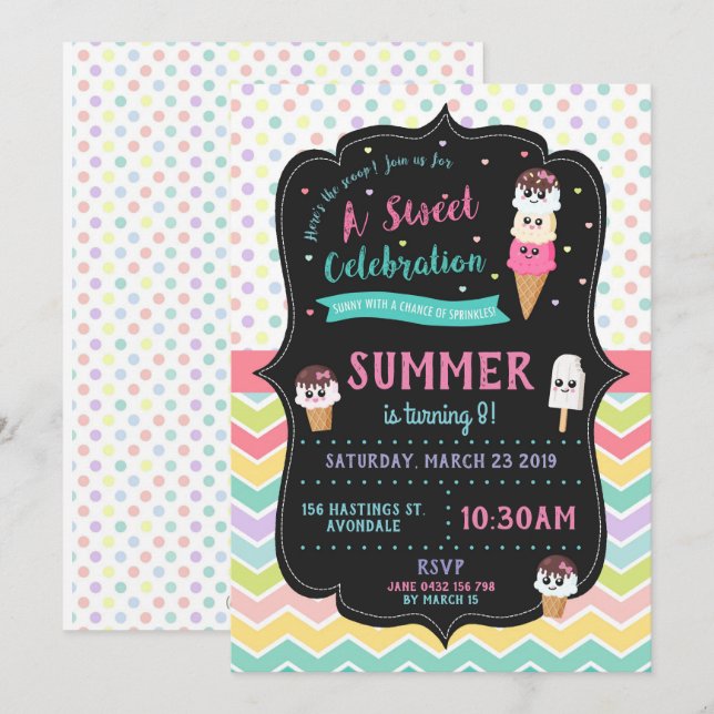 Cute Ice Cream Birthday Party Invitation Girls (Front/Back)