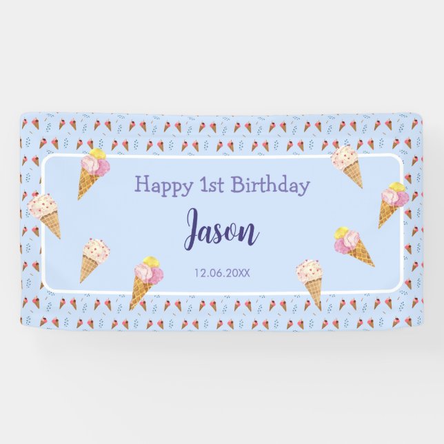 Cute Ice Cream Cone Blue Kids Boy Birthday Banner (Horizontal)