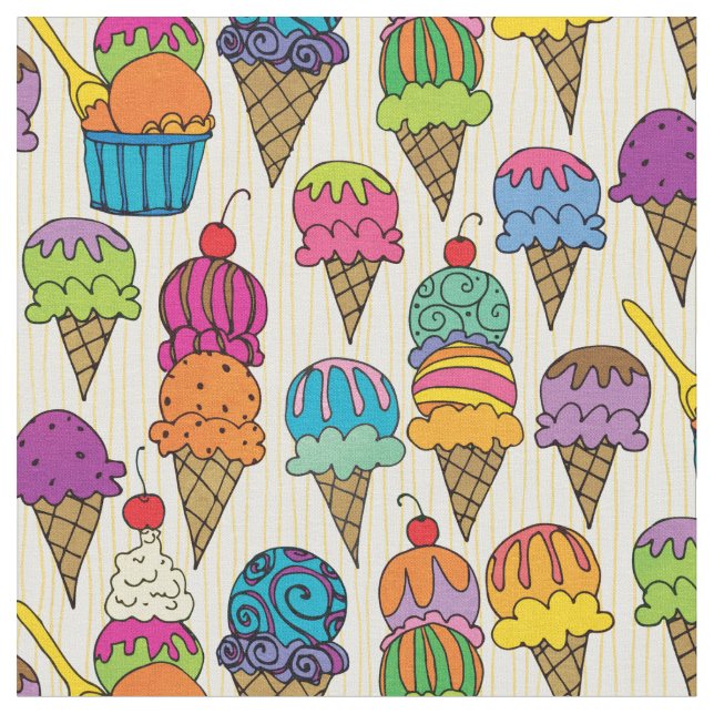 Cute Ice Cream Cone Dessert on Cream Girly Pattern Fabric (Close Up)