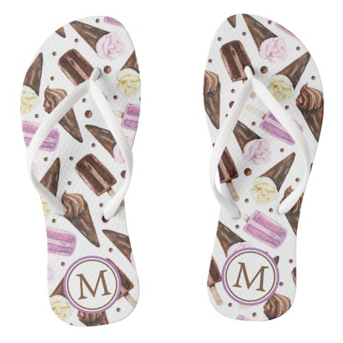 Cute Ice Cream Cone Pattern Monogram Flip Flops